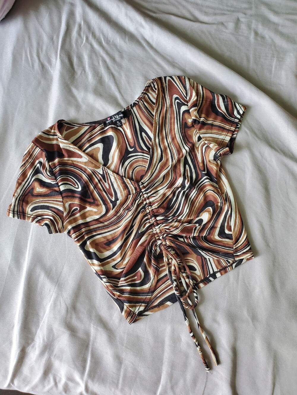 Ruched Front Brown Swirl Print Sheer Top